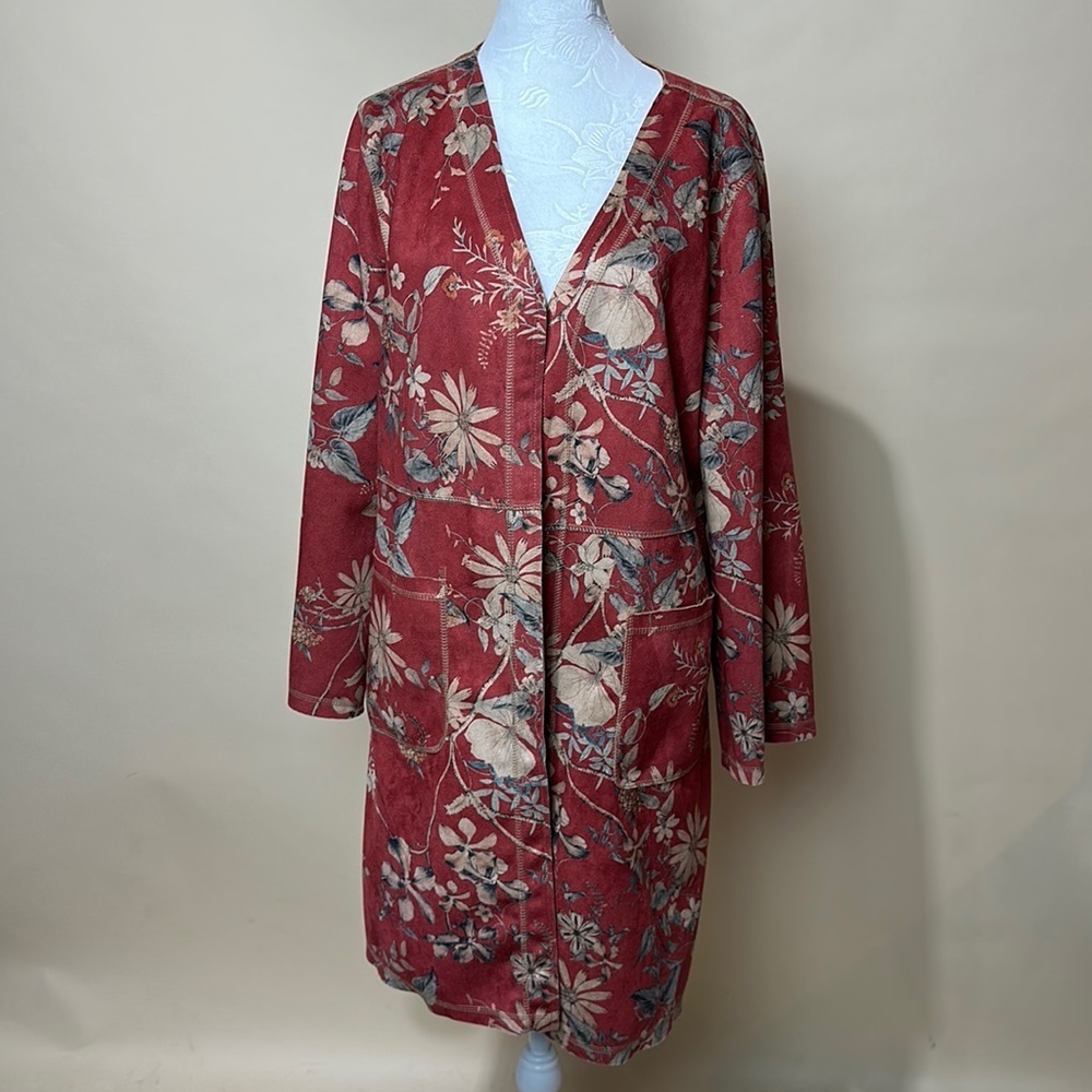 Anthropologie Solitaire faux suede floral Duster jacket sz xl two front pockets